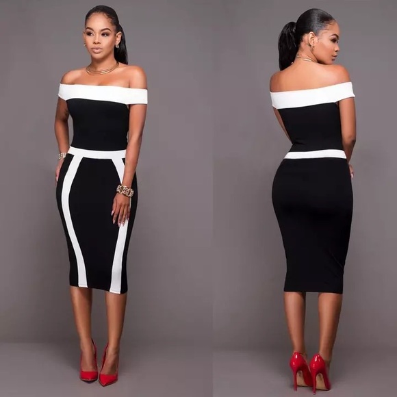 Black Bodycon White Slash Neck Off Shoulder Dress - Picture 5 of 8